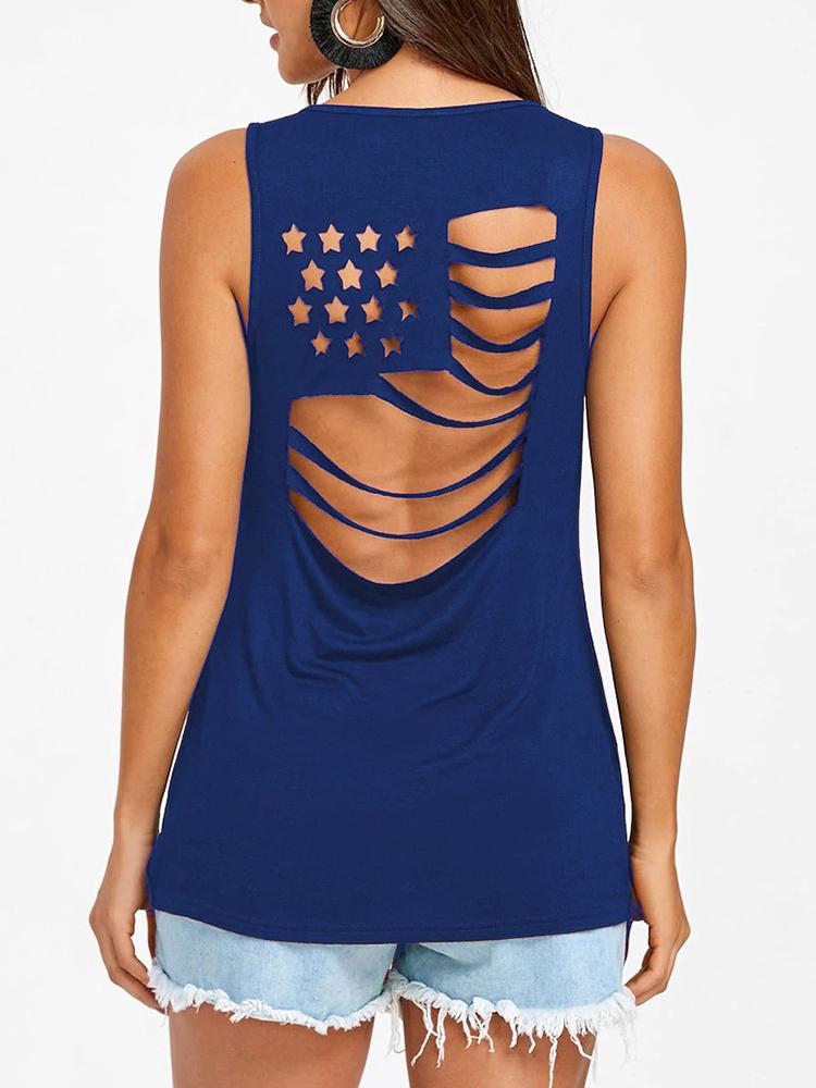 

Solid Hollow Laddy Cut Out Tank Top, Blue