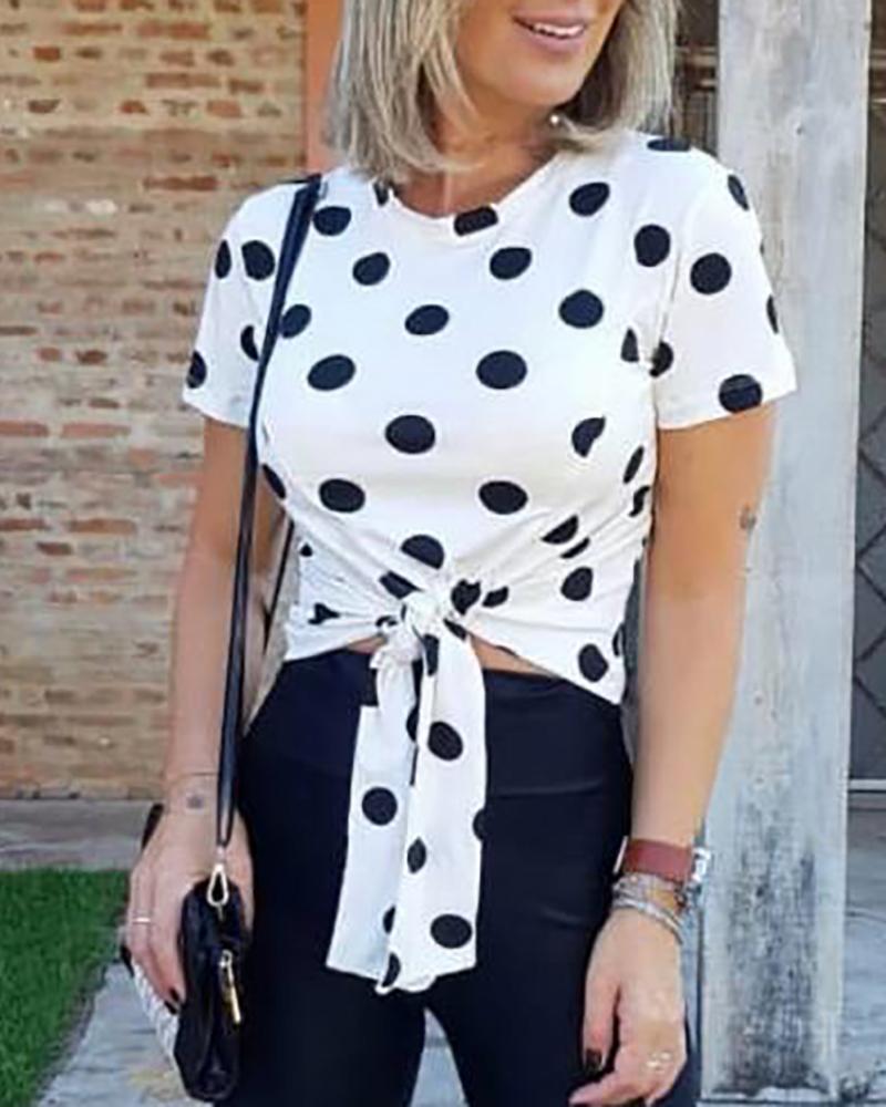 

Dot Print Knotted Front Casual T-Shirt, White