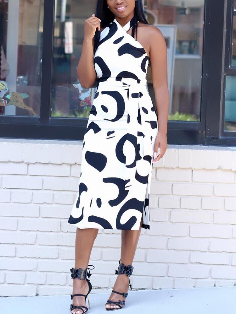 

Halter Colorblock Tie Waist Slit Side Midi Dress, Black