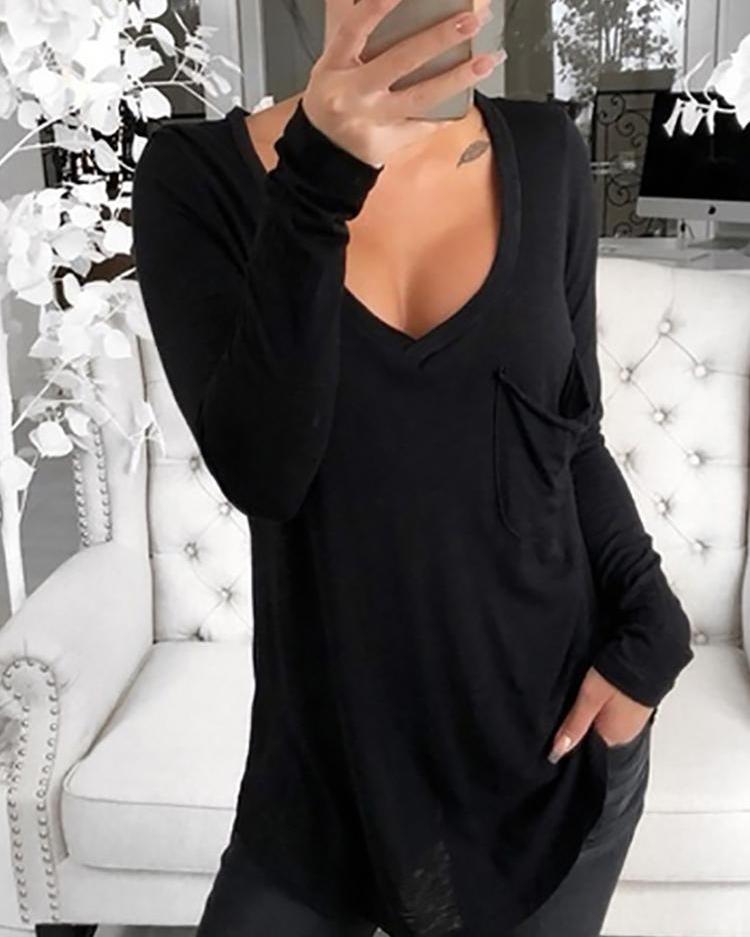 

V-Neck Chest Pocket Long Sleeve T-Shirt, Black