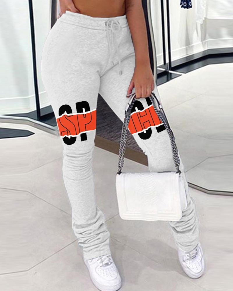 

Letter Print Colorblock Drawstring Fold Sweatpants, White
