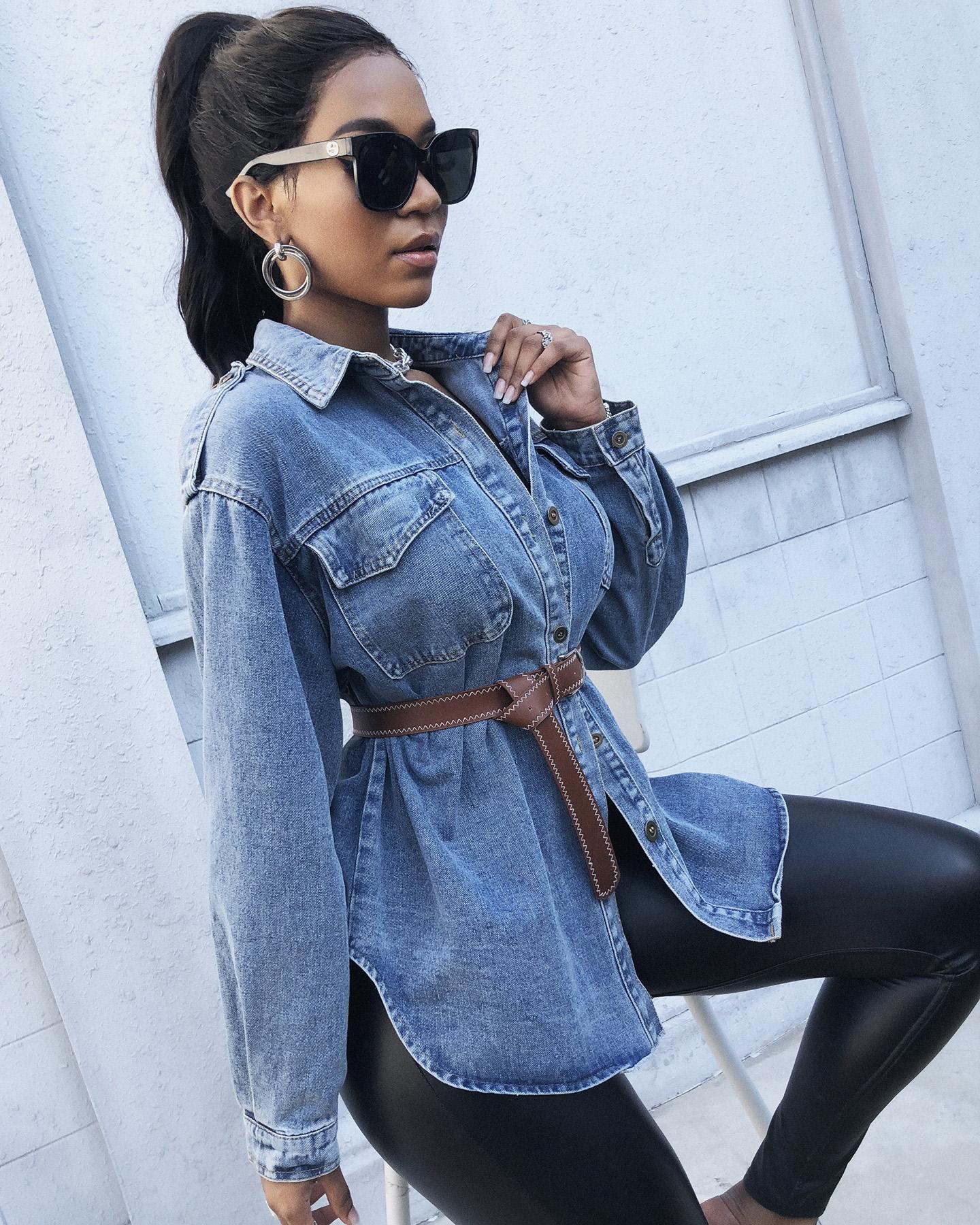 

Pocket Design Long Sleeve Denim Shirt, Blue