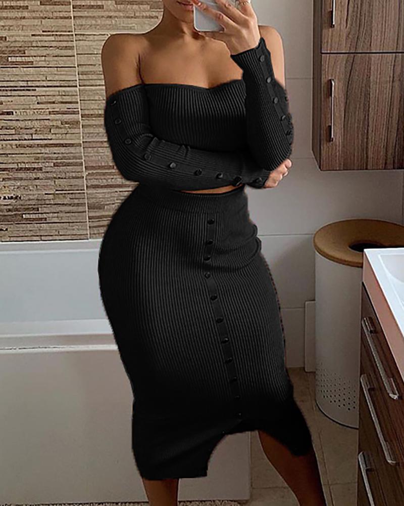 

Solid Off Shoulder Buttoned Crop Top & Skirt Sets, Black