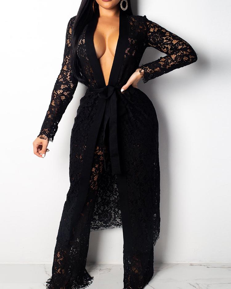 

Lace Open Front Long Coat & Wide Leg Pants Sets