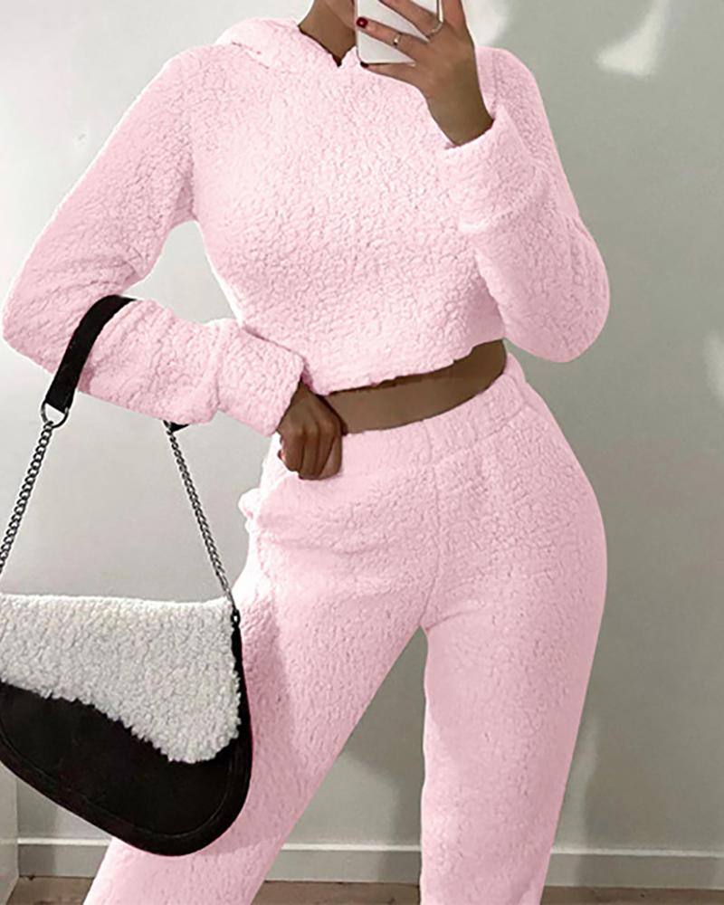 

Plain Long Sleeve Teddy Hooded Crop Top & High Waist Pants Set, Pink