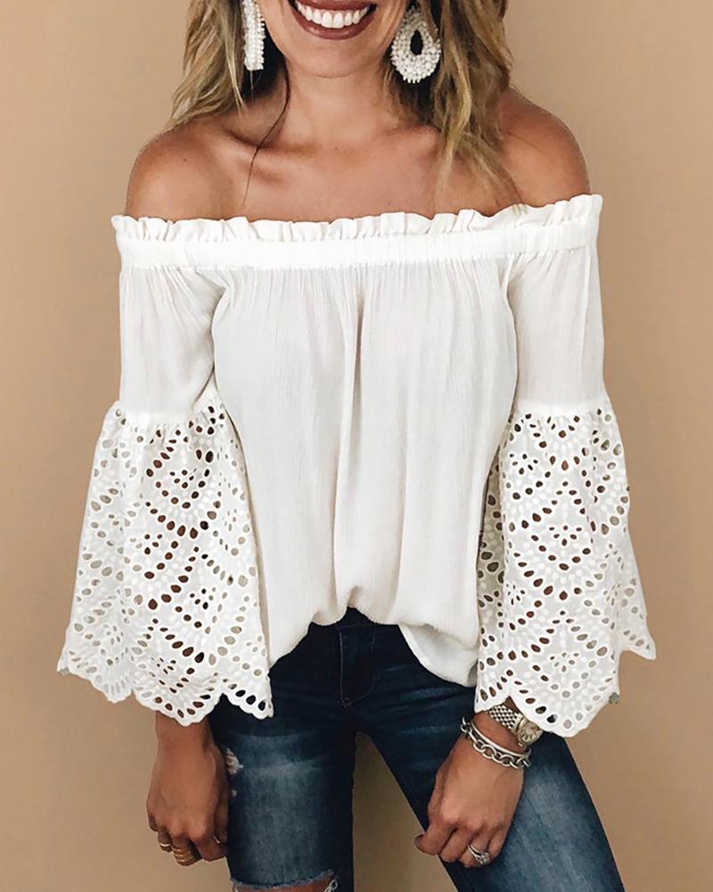 

Off Shoulder Hollow Out Bell Sleeve Blouse