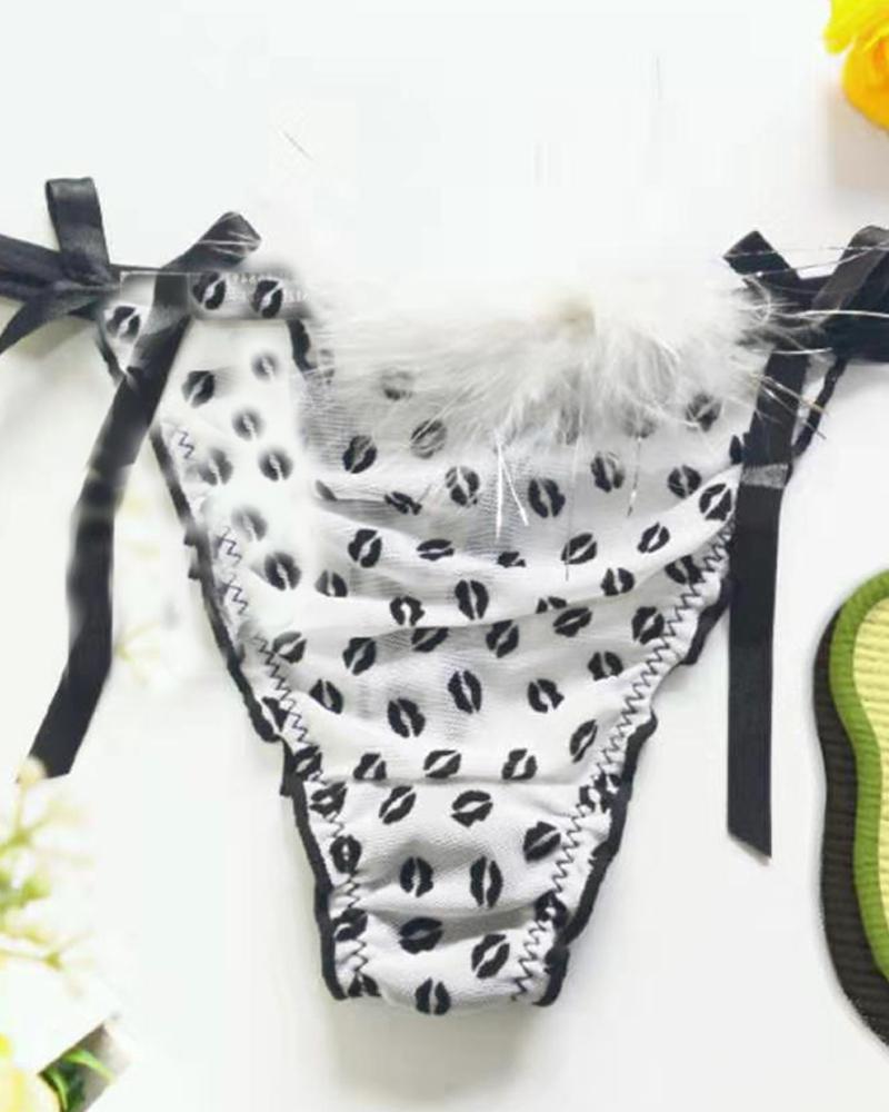 

Lip Print Feather Detail Tie Side Panty, White