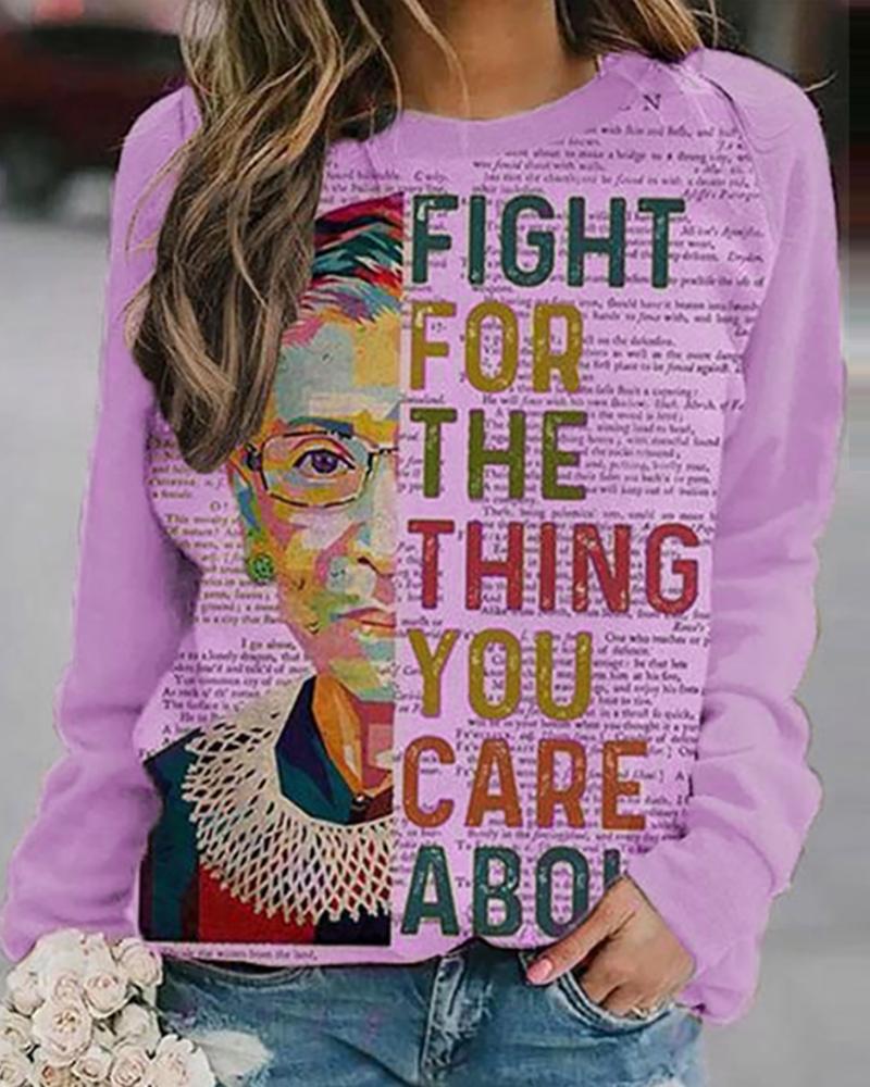 

Letter Figure Print Long Sleeve Sweatshirt, Purple