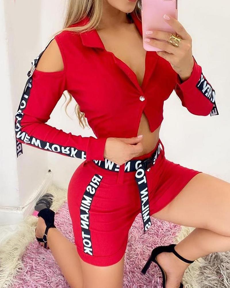 

Cold Shoulder Letter Tape Crop Top & High Waist Shorts Set, Red