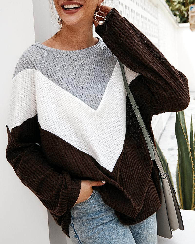 

Colorblock Long Sleeve Casual Sweater, Brown