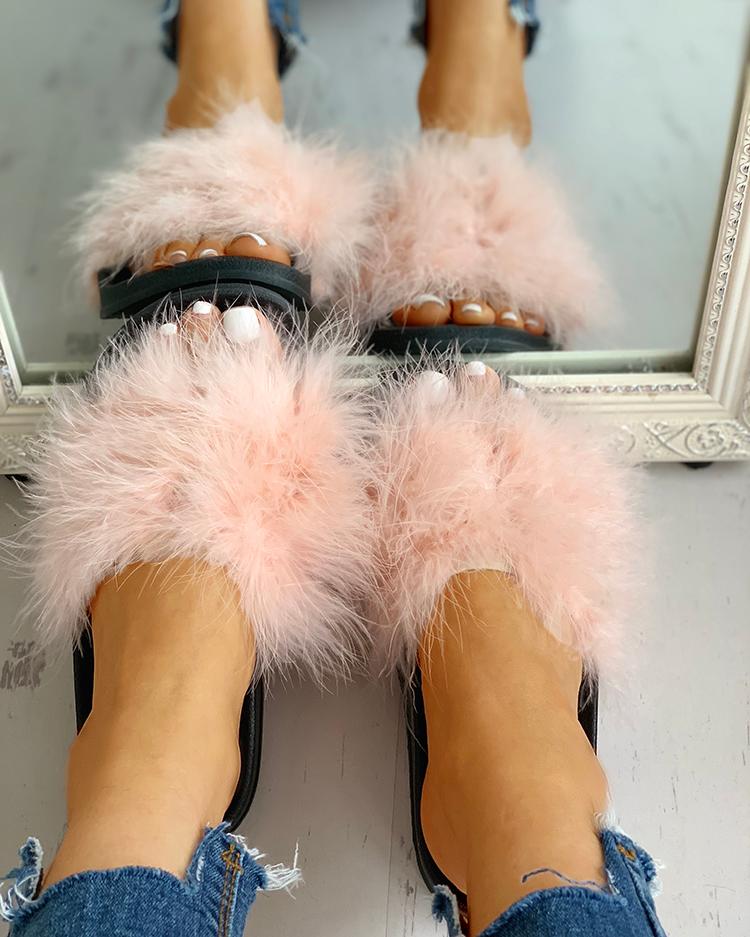 

Open Toe Fluffy Embellished Flat Sandals, Pink