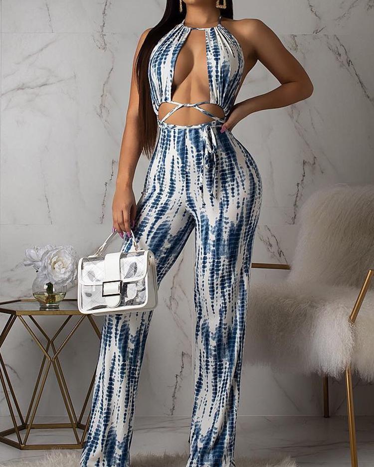 

Tie Dye Print Cutout Open Back Jumpsuit, Blue