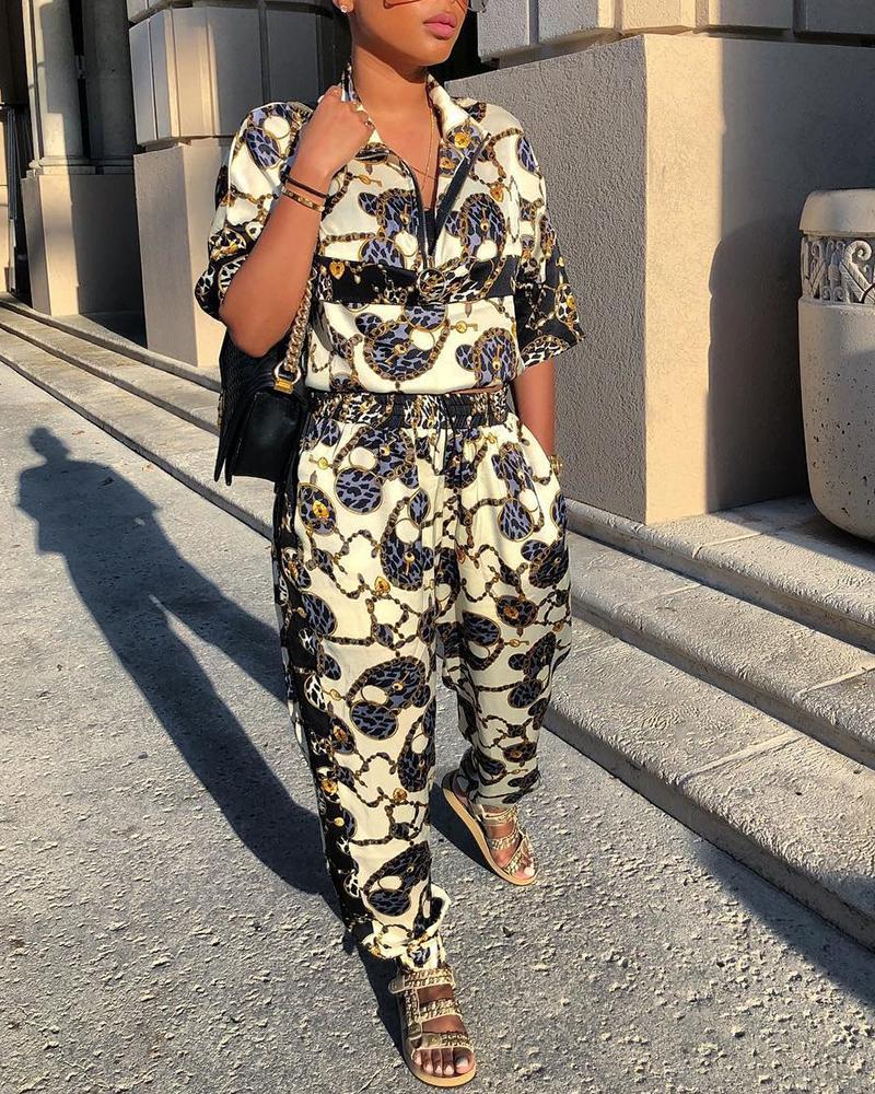 

Scarf Print Zipper Top With Pants Set
