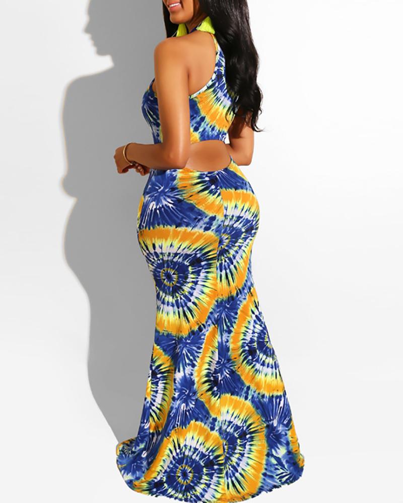 

Tie Dye Print Halter Maxi Dress, Blue