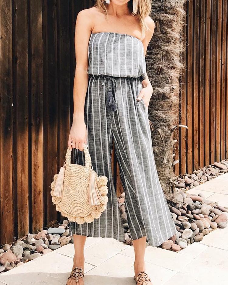 

Striped Print Strapless Wide Leg Jumpsuit, Gray