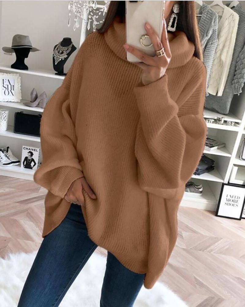 

Solid High Neck Long Sleeve Ribbed Sweater, Brown
