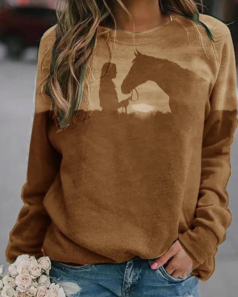 

Christmas Figure Horse Print Colorblock Top, Brown