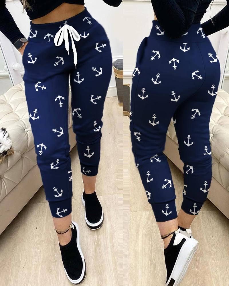 

Anchor Print Drawstring Pockets Sweatpants, Purplish blue