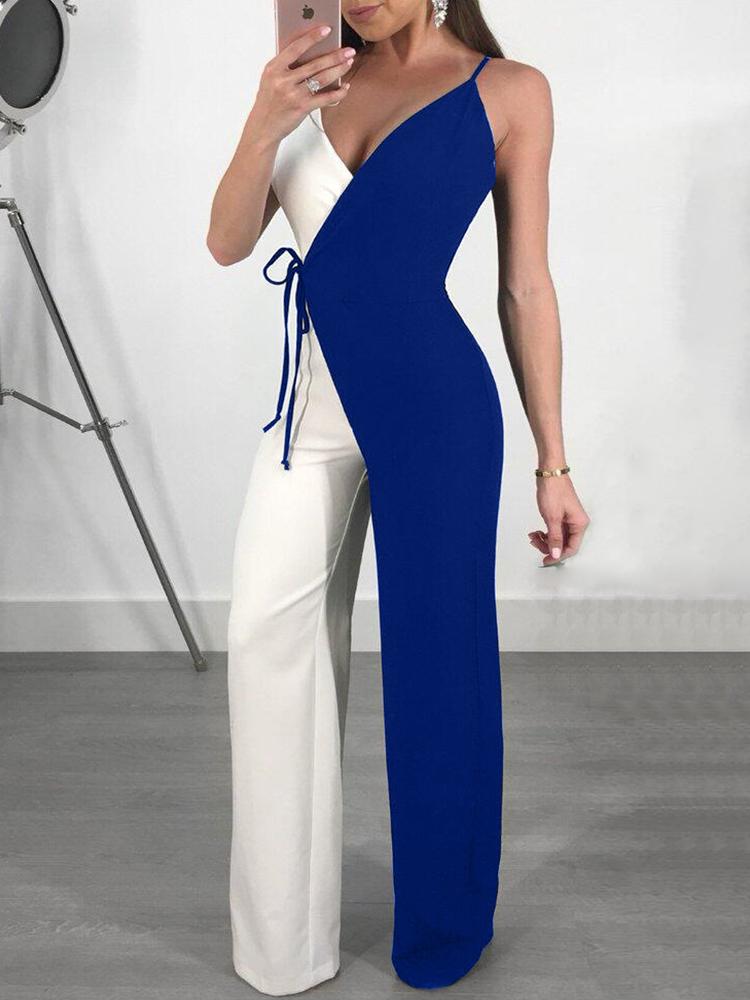 

Contrast Color Spaghetti Strap Wrapped Wide Leg Jumpsuit