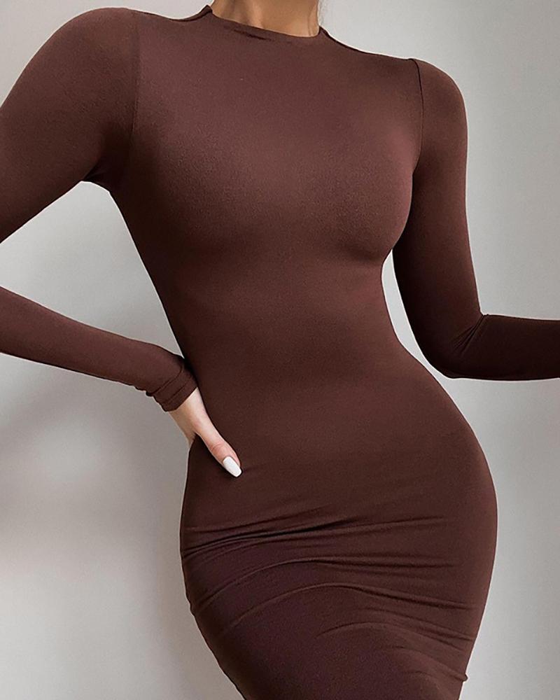 

Long Sleeve Plain Midi Dress, Brown
