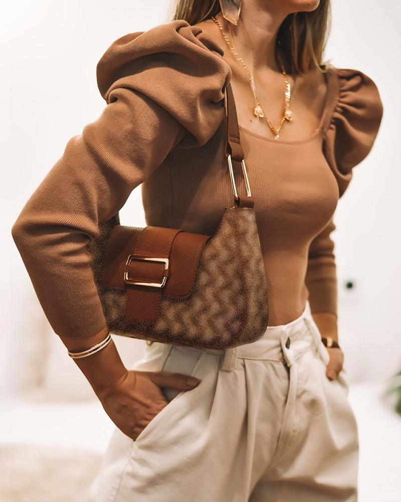 

Solid Square Neck Puff Sleeve Ribbed Blouse, Brown