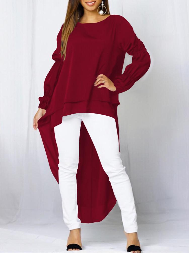 

Puff Sleeve Layered Dip Hem Top, Wine red