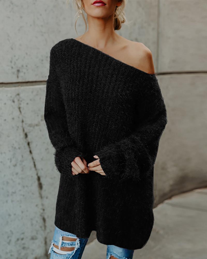 

Solid One Shoulder Casual Sweater, Black