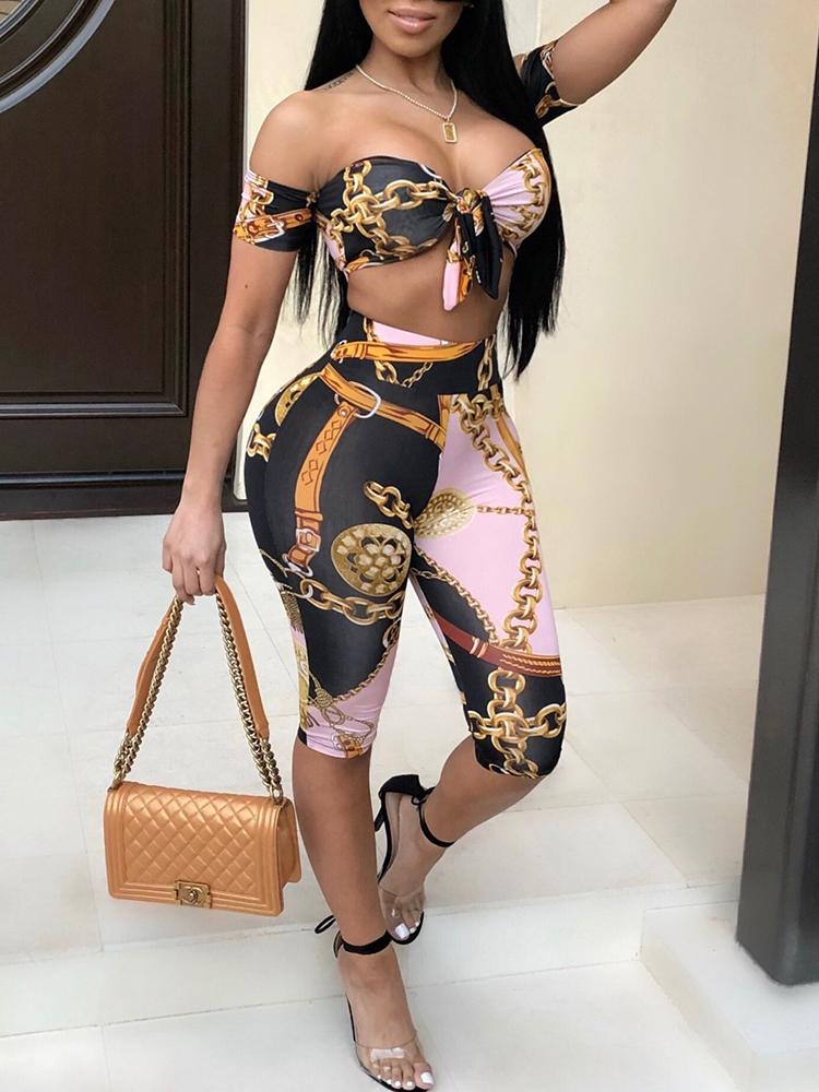 

Chain Print Tied Strapless Capri Set, Pink