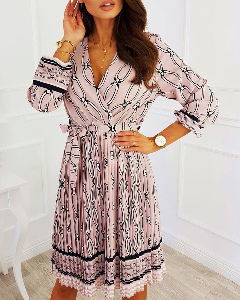 

Print Ruched V-neck Casual Wrap Dress, Pink