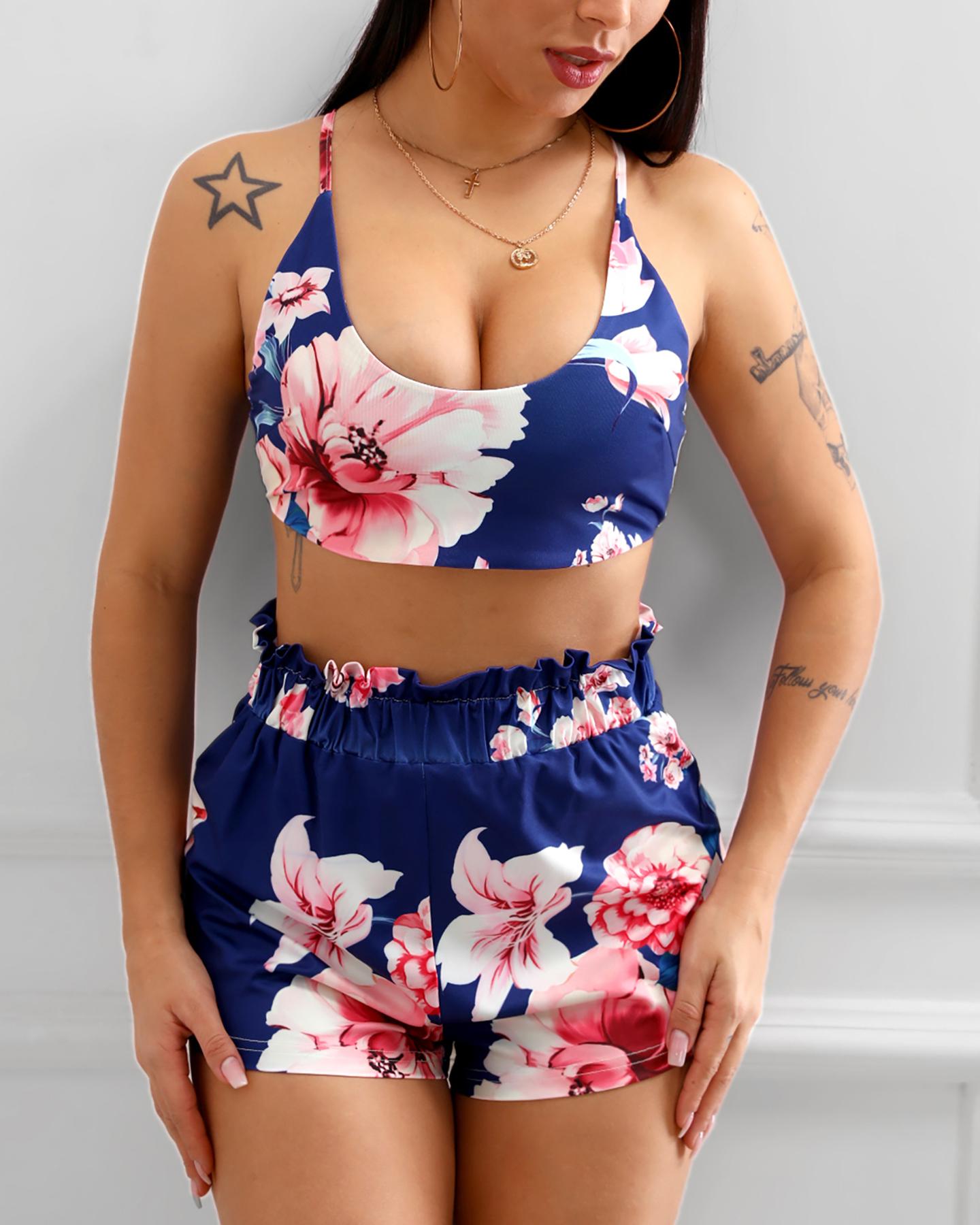 

Floral Print Knotted Back Top & Short Set, Multicolor