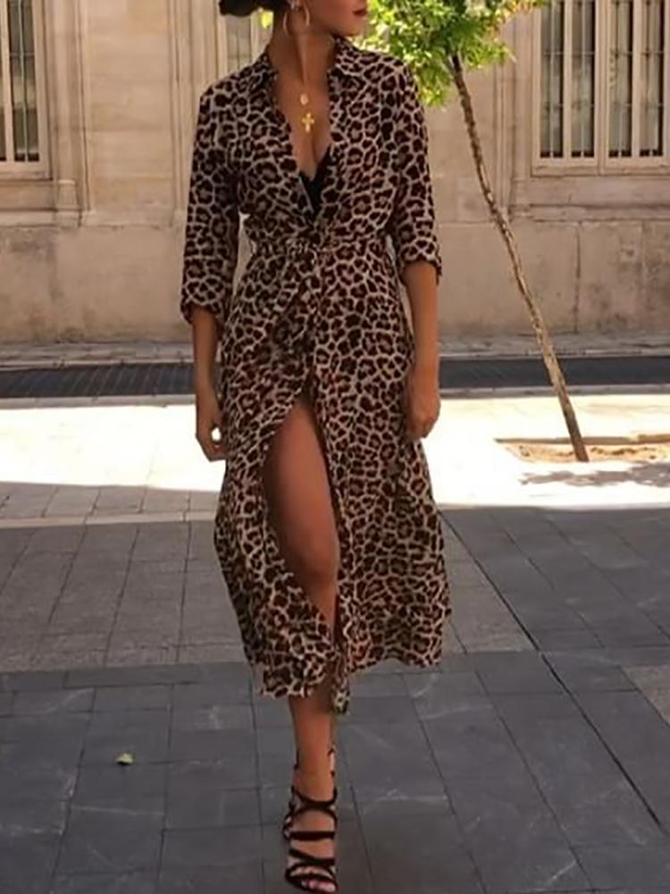 

Leopard Print V-Neck Shirt Casual Dress, Yellow