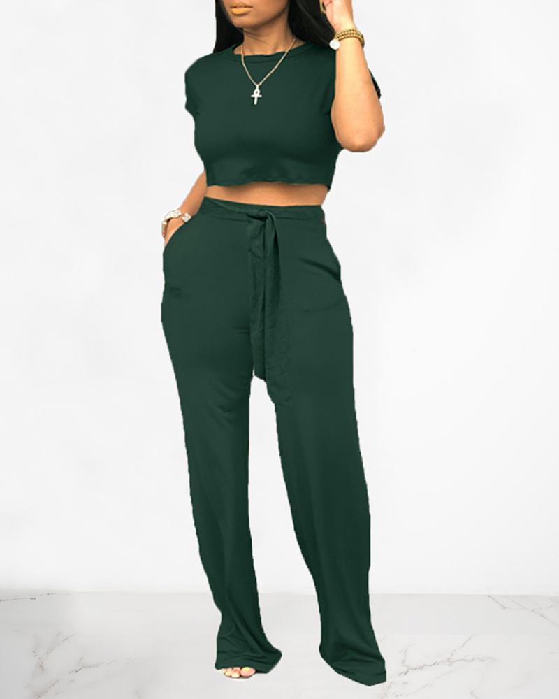 

Solid Short Sleeve Crop Top & Pant Sets, Army green