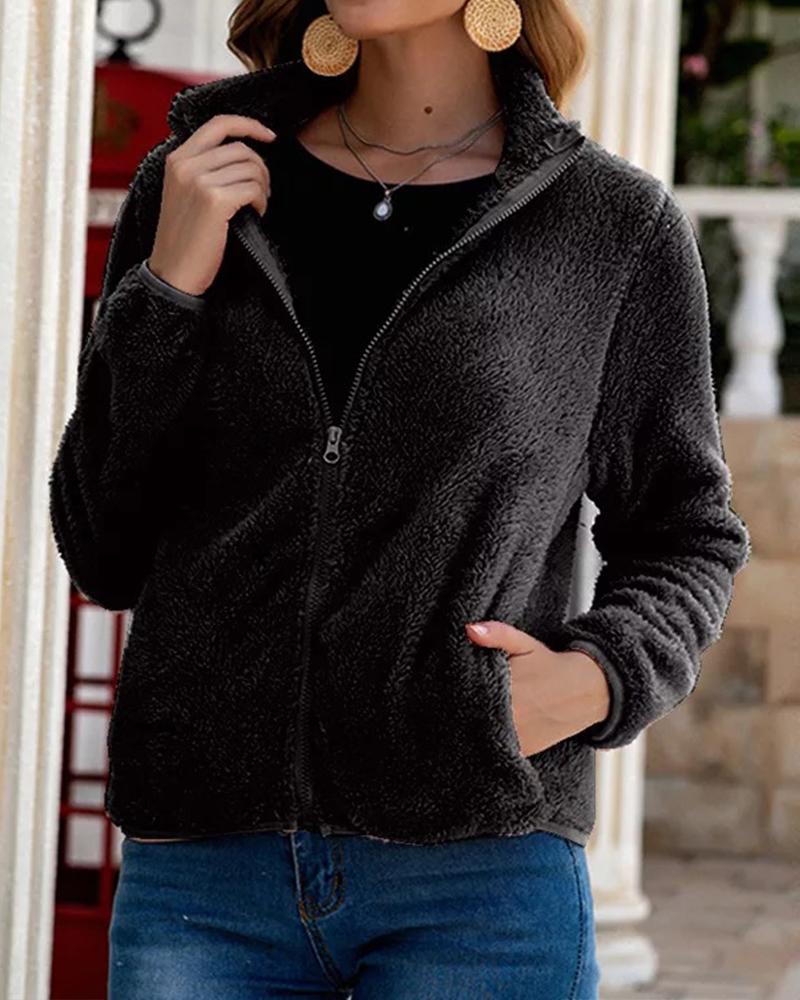 

Pocket Zipper Design Teddy Coat, Black