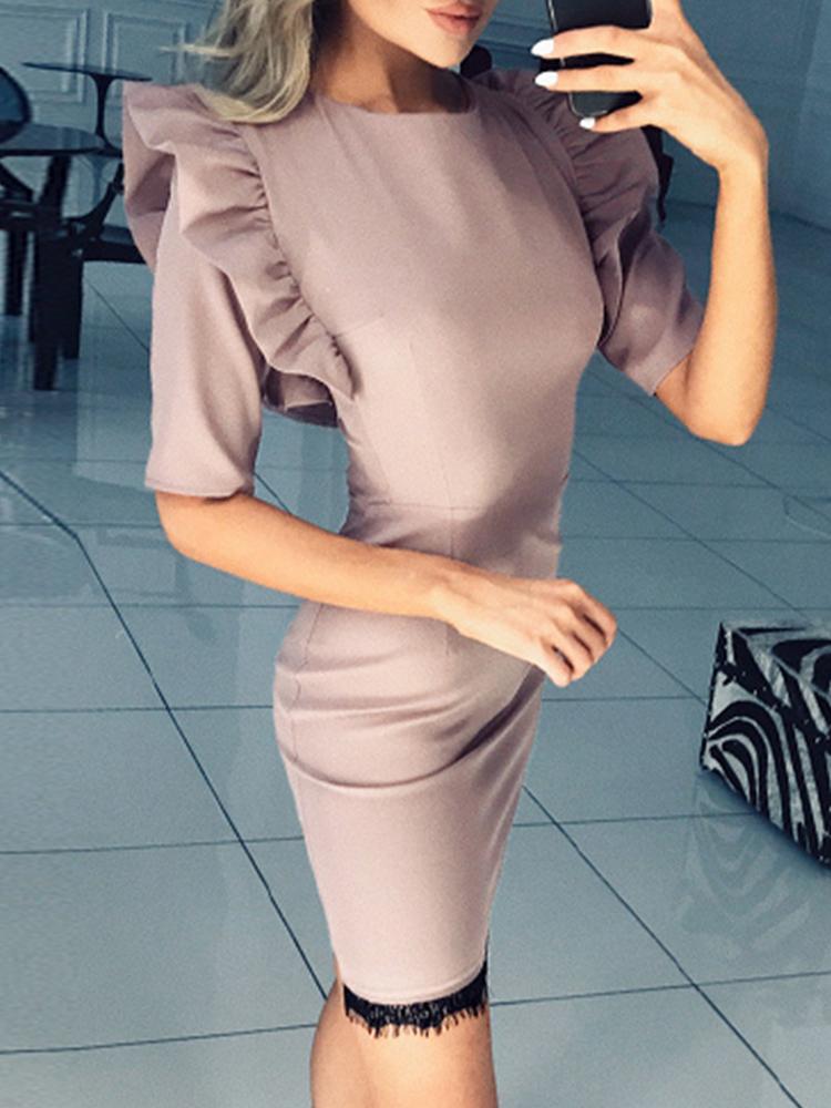 

Ruffles Shoulder Eyelash Lace Bodycon Dress