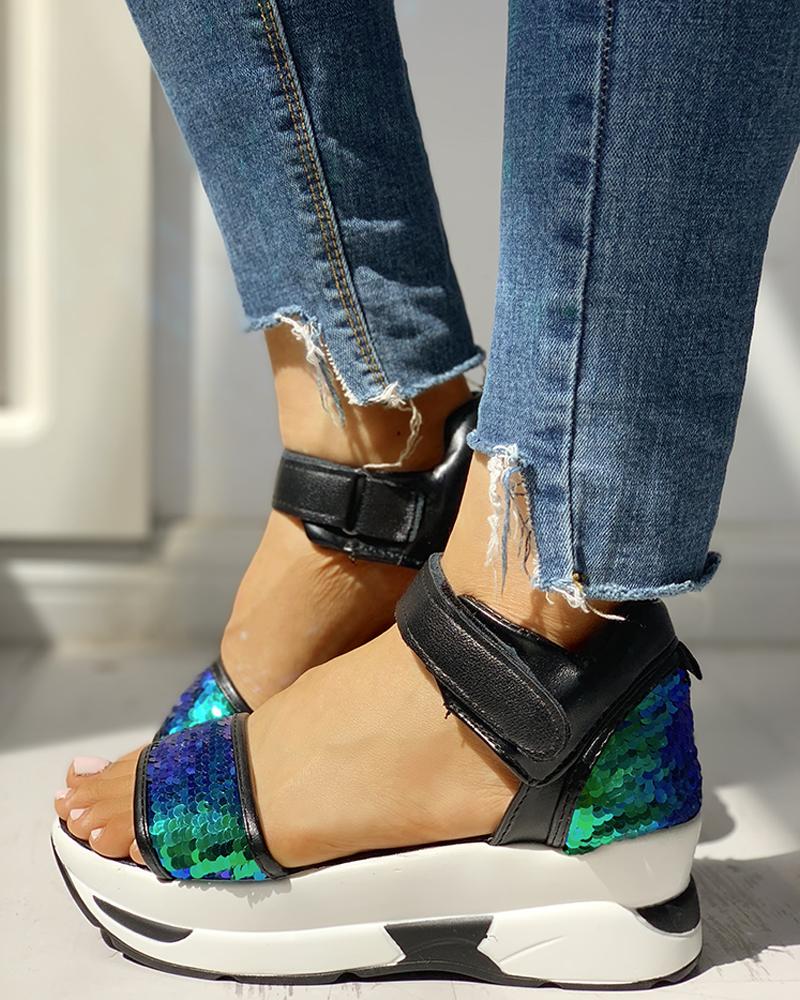

Colorblock Sequins Platform Sandals