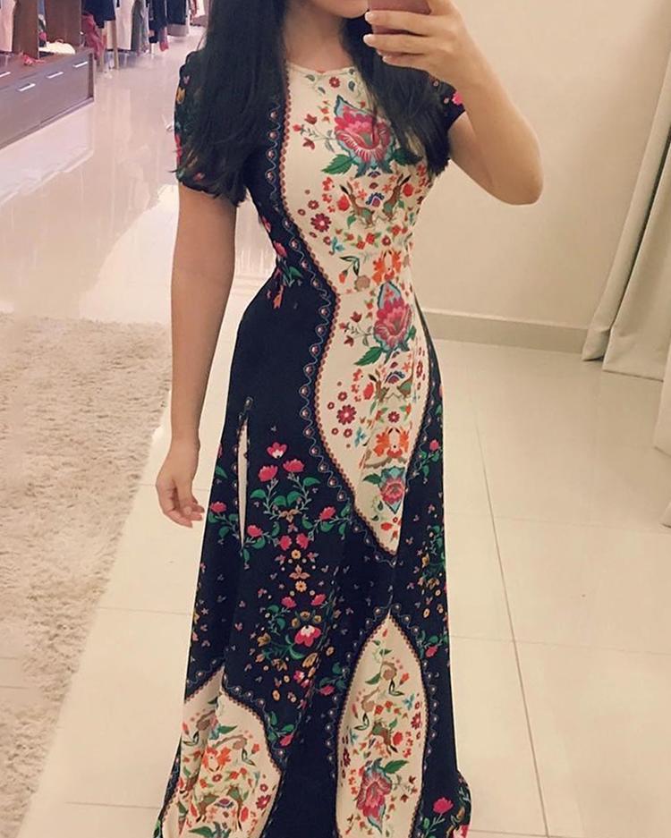 

Retro Floral Print Short Sleeve Maxi Dress