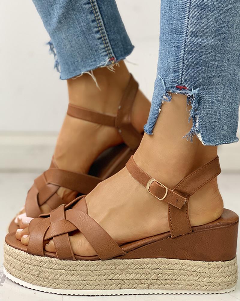 

Multi-Strap Buckled Platform Wedge Muffin Sandals, Dark brown