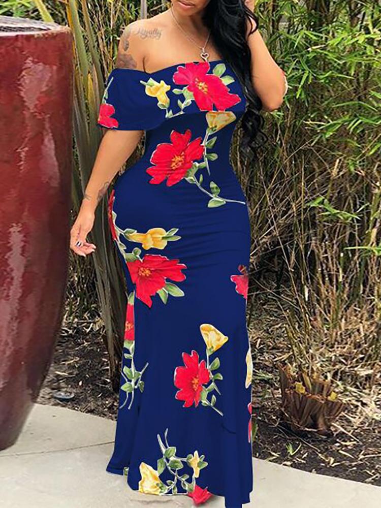 

Floral Print Off Shoulder Flounce Maxi Dress, Dark blue