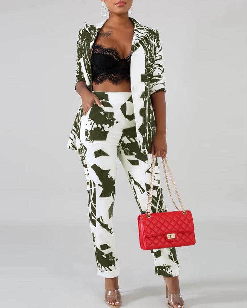 

Abstract Print Buttoned Top & Casual Pant Sets, Army green