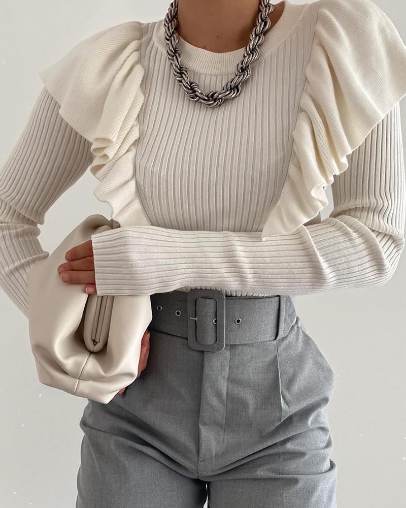 

Ruffles Long Sleeve Solid Sweater, White