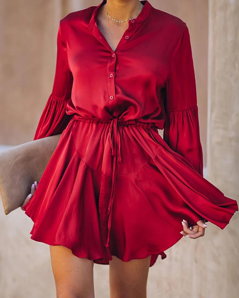 

Plain Button Design Casual Dress, Red