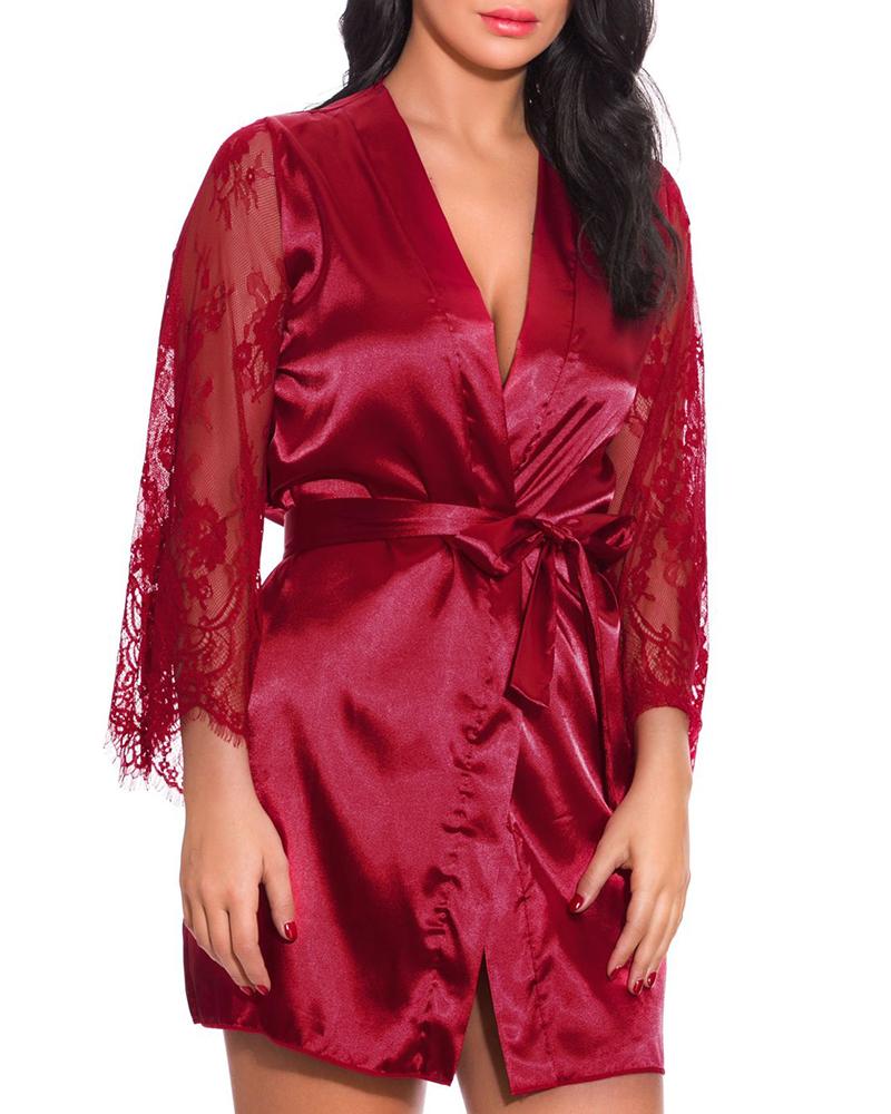 

Plain Sheer Mesh Lace Robe, Wine red