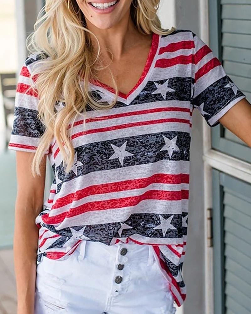 

V-neck Stars Print Colorful Striped T-shirt, Multicolor