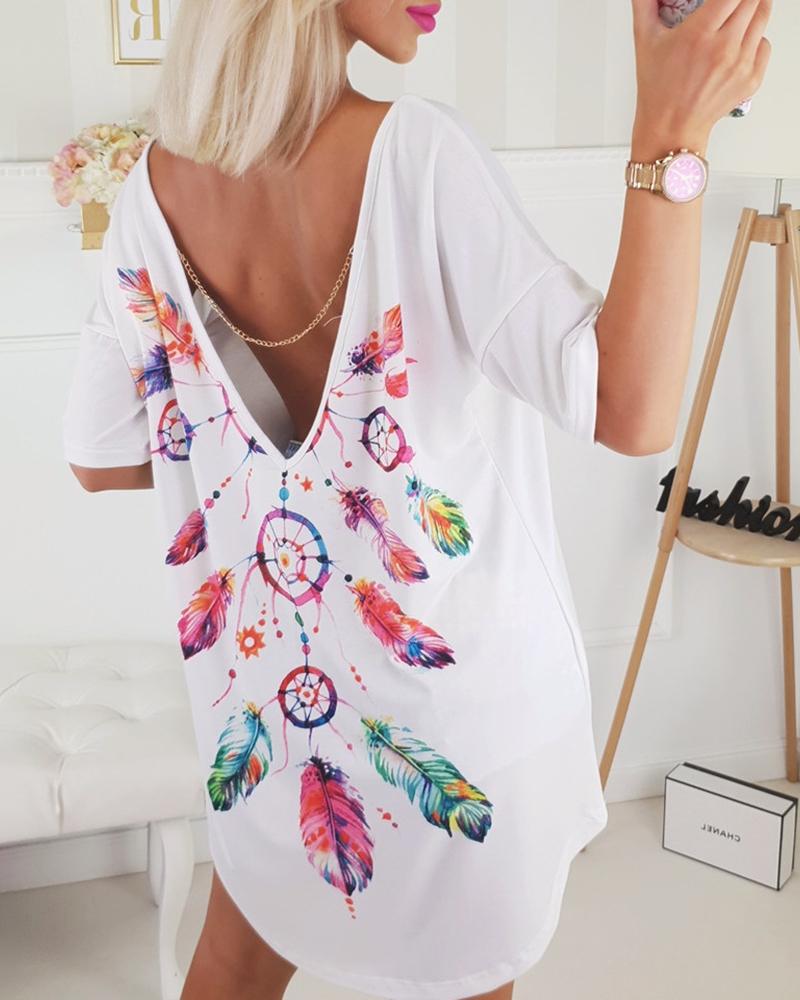 

Feather Print Open Back Casual Blouse, White