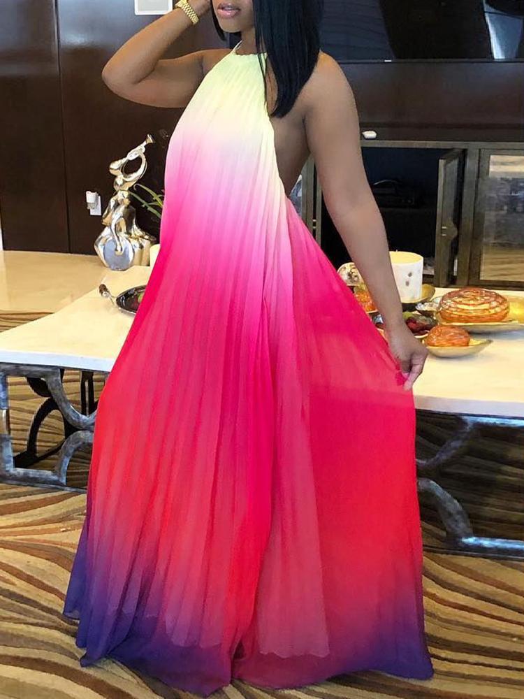 

Gradient Color Open Back Halter Maxi Dress, Pink