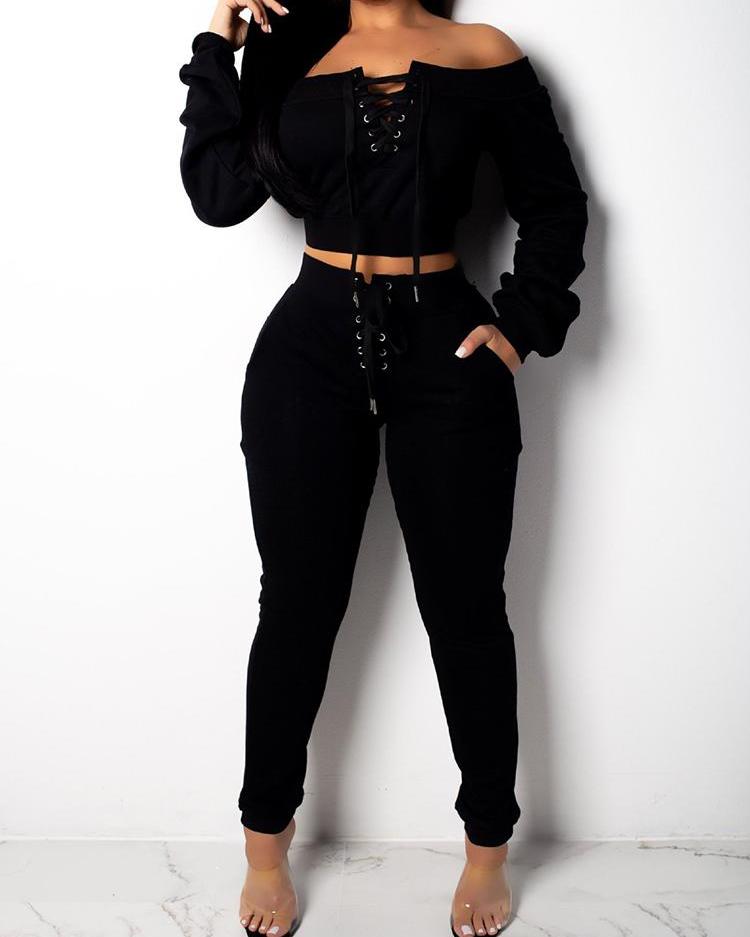 

Lace-Up Design Off Shoulder Sweatshirt & Pant Sets, Black