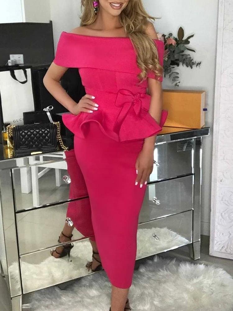 

Off Shoulder Fold-Over Peplum Dress, Hot pink