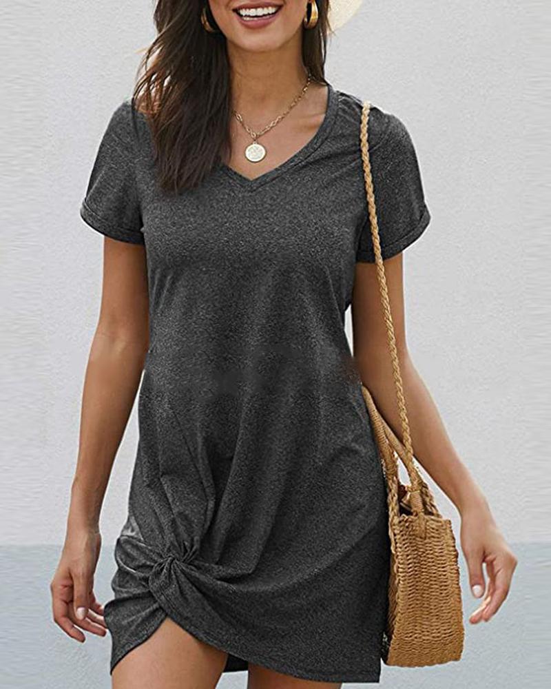 

Solid Twisted Short Sleeve Casual Dress, Gray