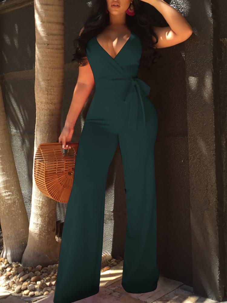 

Oversize Halter Backless Belted Deep V Wrap Jumpsuit