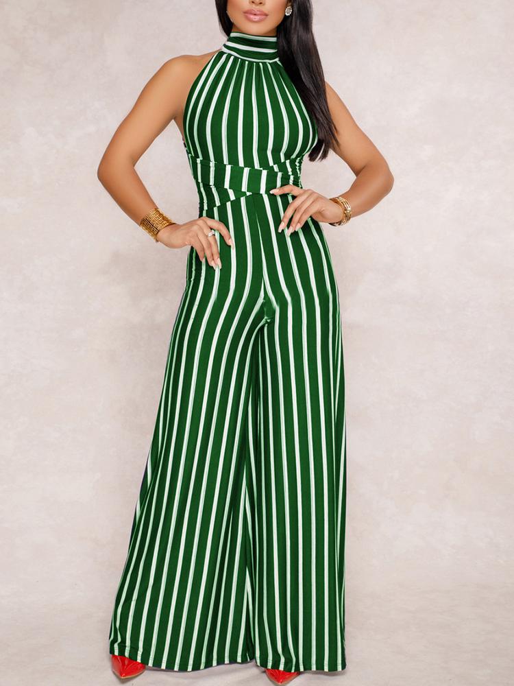 

Stripes Halter Open Back Wide Leg Jumpsuits